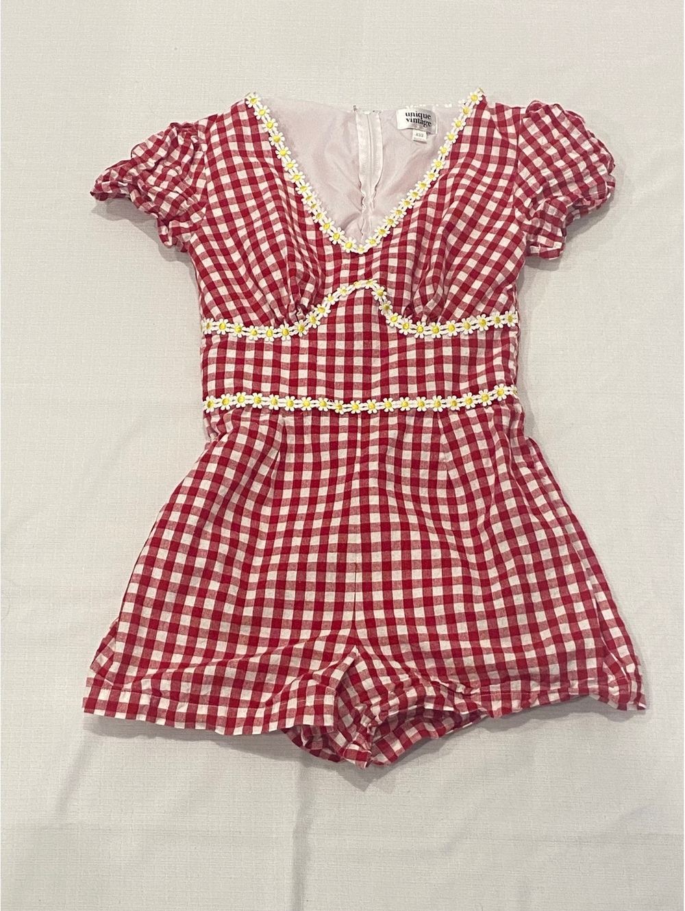 Unique Vintage Red and White Gingham Romper with Daisy Trim XS